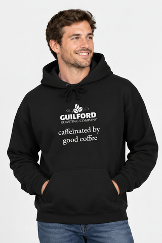 Male model wearing the Black Caffeinated by Good Coffee Hoodie