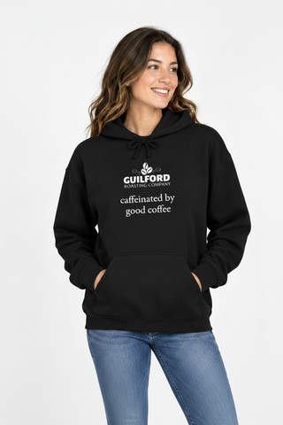 Female model wearing the Black Caffeinated by Good Coffee Hoodie