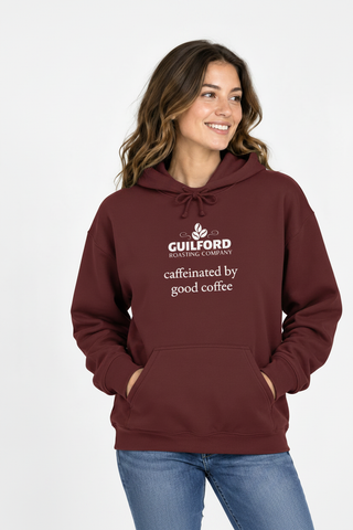 Female model wearing the Maroon Caffeinated by Good Coffee Hoodie